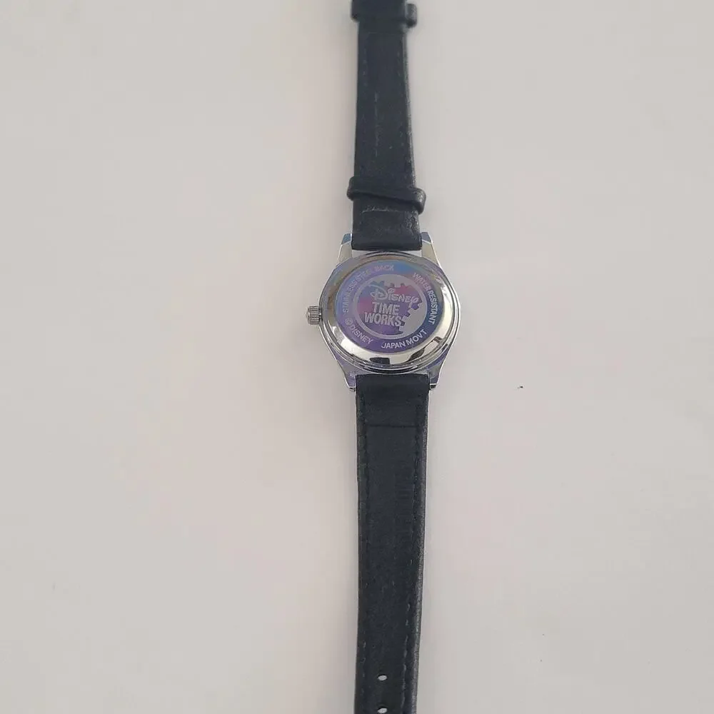 Disney Womens Watch White Dial Silver Case Black Leather Strap Quartz Analog